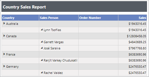 Table from Bold Reports showing sales figures by country with breakdowns for individual salespersons.