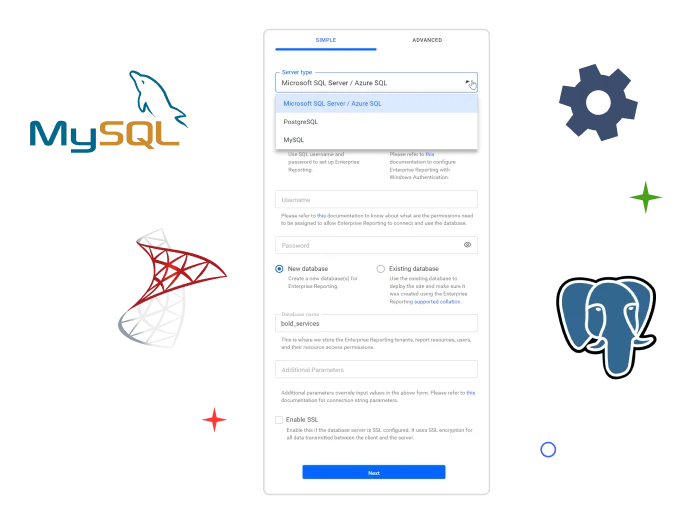 The JavaScript Report Viewer connects to any data source using a variety of data providers.