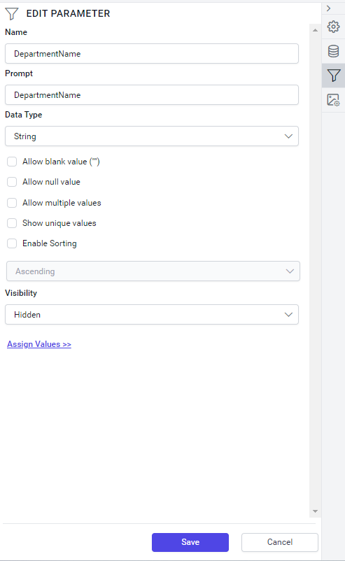 Creating detail report parameters (hidden).